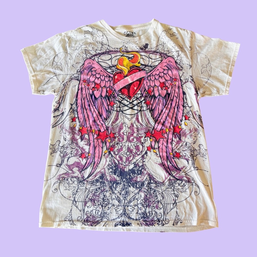 Y2K Call Your Mother Graphic Tee WhiteHeart Wings Stars T-Shirt Scene Goth #17